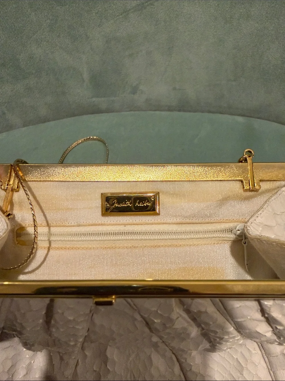 Judith Leiber Cream Python-Texture Pleated Clutch with Gold Frame